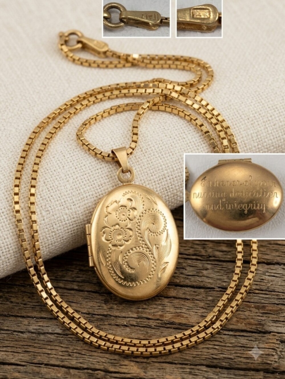 Vintage Solid 14K Gold W.E.H. Floral Locket & Italy Box Chain Necklace